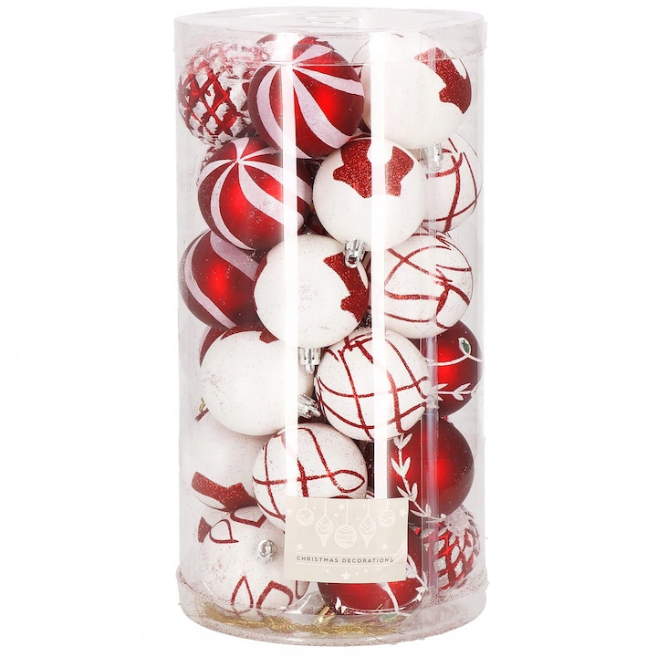 Karácsonyi dísz készlet ünnepi mintákkal, 30 db, 6cm, fehér piros, fehér piros