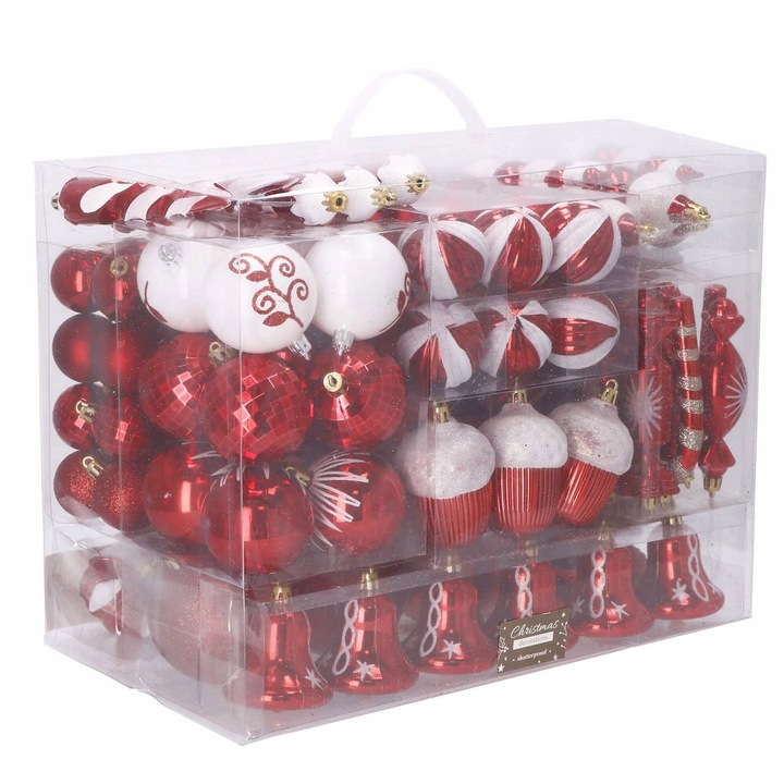 Karácsonyi díszek és dekorációk készlet, 153 darab, különböző méretű, piros színű