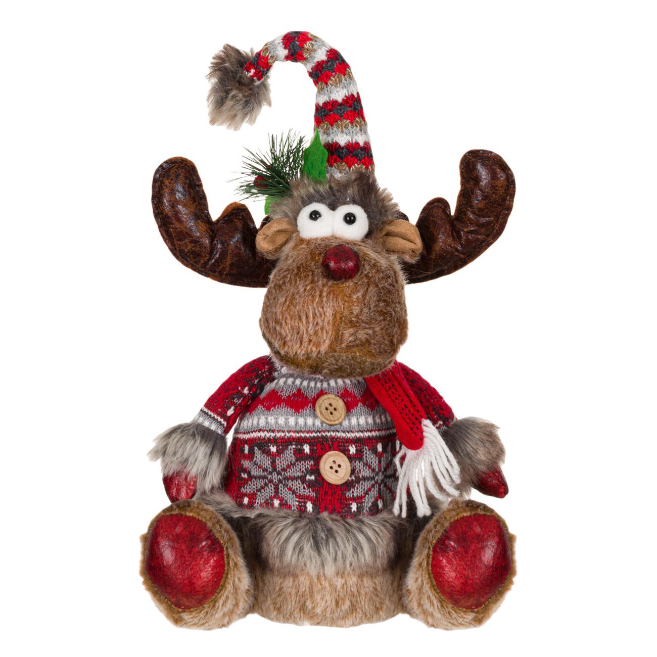 Figurina decorativa, Zola®, model ren asezat cu cardigan de iarna, 48 cm