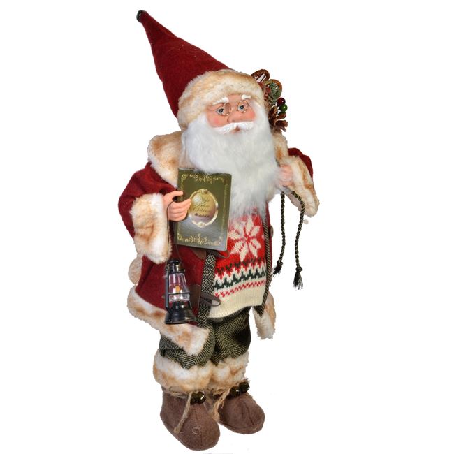 Figurina decorativa, Zola®, model Mos Craciun, cu felinar si carticica, 45 cm, rosu
