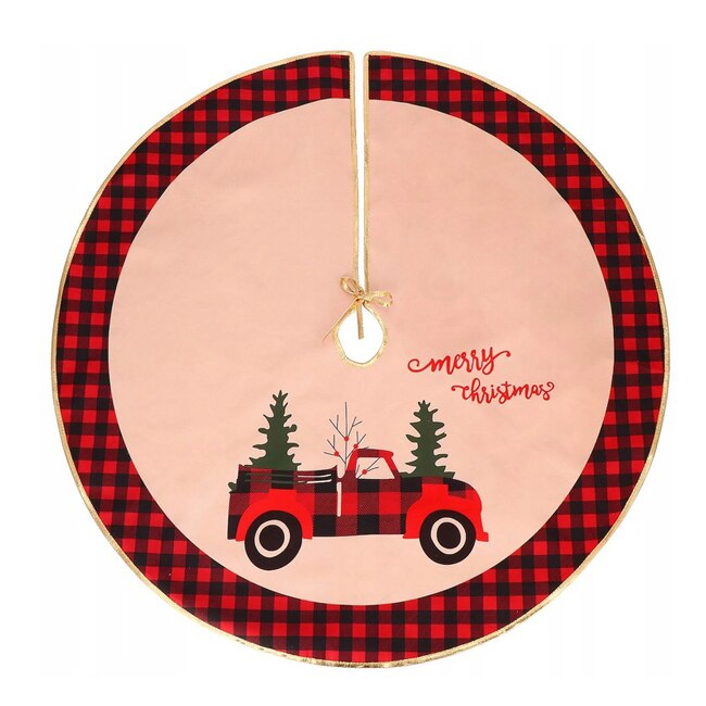 Covoras rotund pentru Bradul de Craciun cu Mesaj, Craciun Fericit, diametru 90 cm, culoare, rosu/negru/auriu