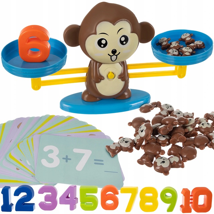 Образователна и интерактивна играчка KinderVibe™, Монтесори стил, Маймуна с везни, С математически дейности, 19 фигури, 10 числа и 30 карти с упражнения, Многоцветни