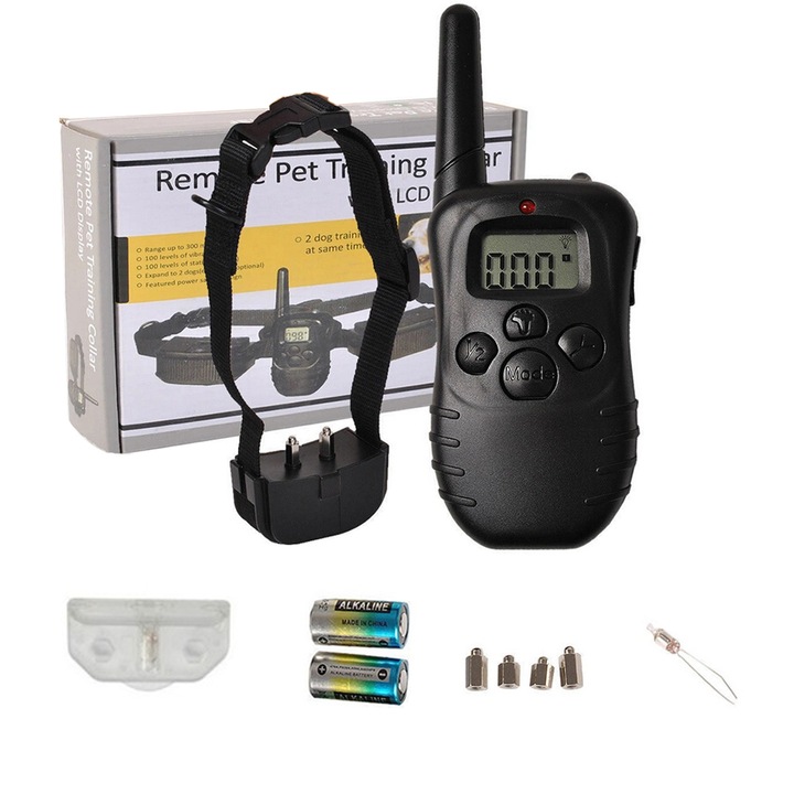 Zgarda electrica pentru dresaj, raza 300m, ajustabila, rezistenta la ploaie, Electrosoc, vibratii, telecomanda, negru