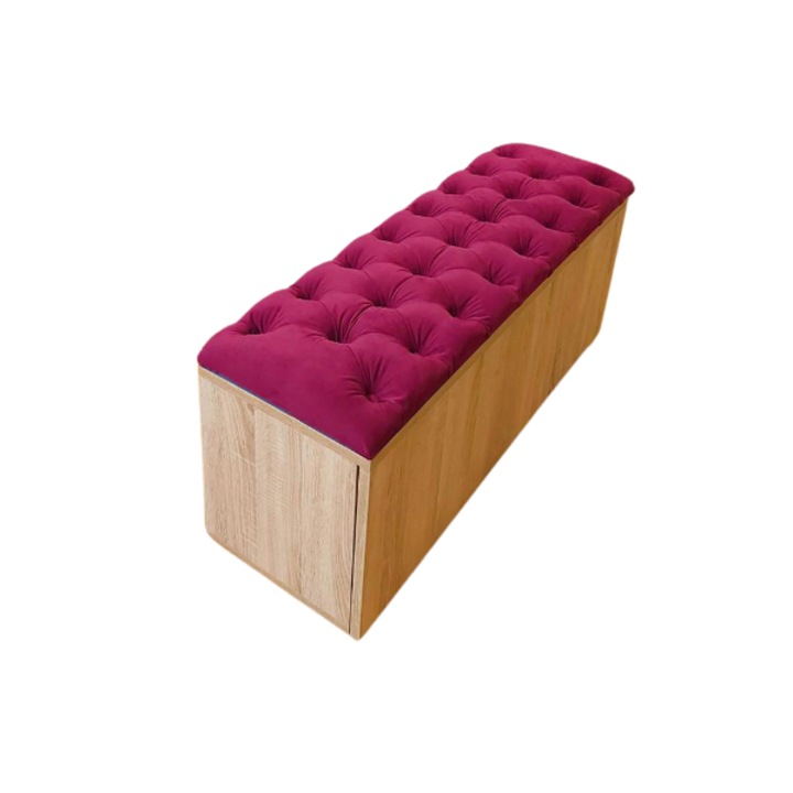 Pantofar tip bancuta tapitata , din PAL melaminat stejar bardolino/violet, capacitate 10 perechi, 100×32×48 cm