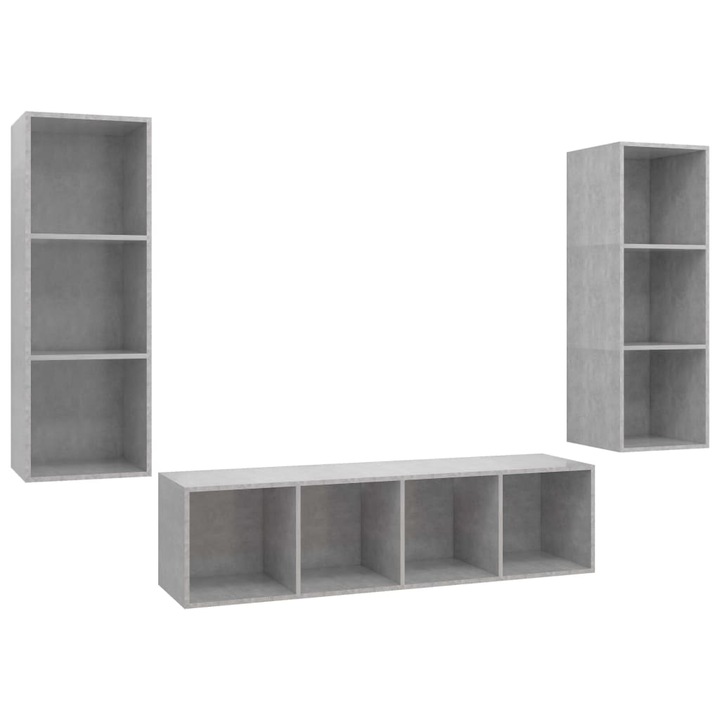 Set de dulapuri TV vidaXL, 3 piese, gri beton, lemn prelucrat, 37 x 37 x 107 cm, 41.5 kg 3079749