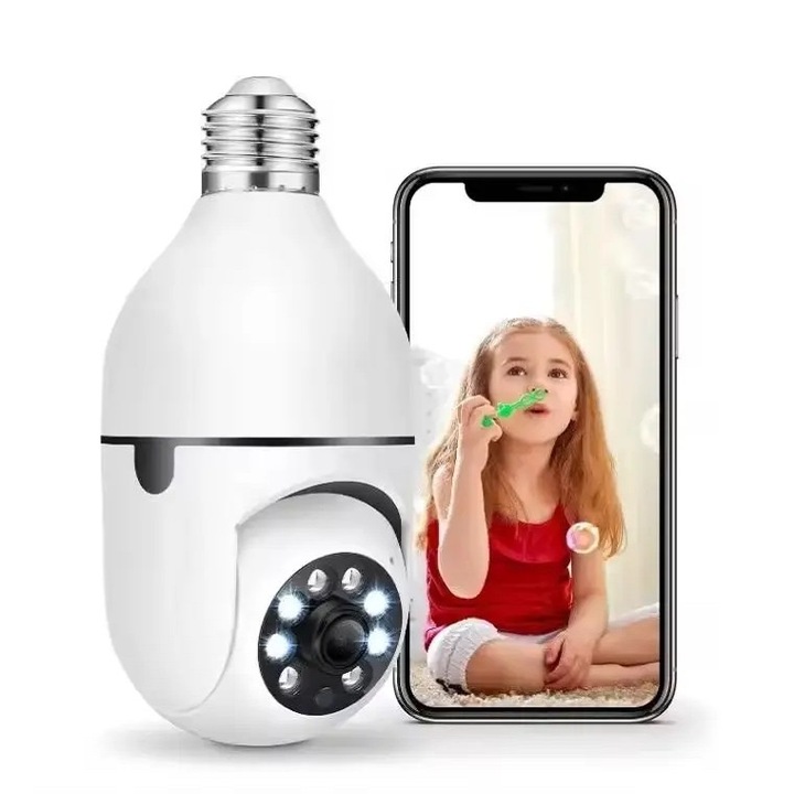 Camera supraveghere tip bec JustZEN®, rezolutie HD 1280*720p, Panorama 360°, Night Vision, Detectarea miscarilor, Two-Way Audio, Alarma, IP Wi-Fi, cloud storage, SD card support, Alb
