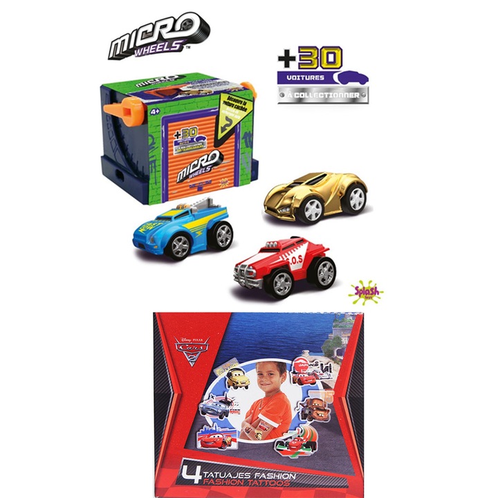 Комплект количка с гараж и татуировки Splash Toys Micro Wheels 306113-3, 7 см гараж, 3 колички и 4 татуировки Cars, Многоцветен