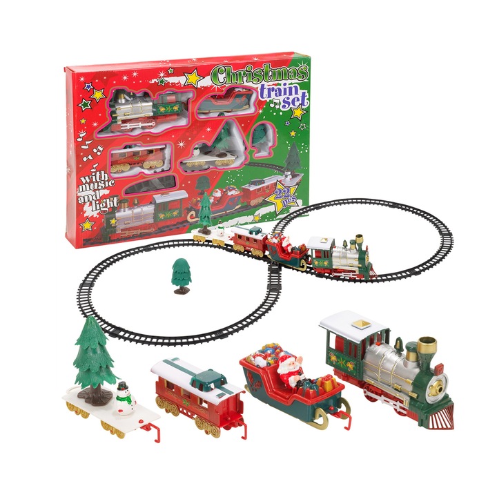 Christmas Train Set CTS-22 zenélő, világító, elemes önjáró, 22 darabos karácsonyi vonat szett 90 x 44 cm (236 cm hosszú sínpálya)