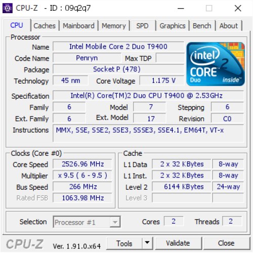 Intel T9400 C0 SLB46 Core 2 Duo processzor 2.53Ghz 45nm 1066 FSB ...