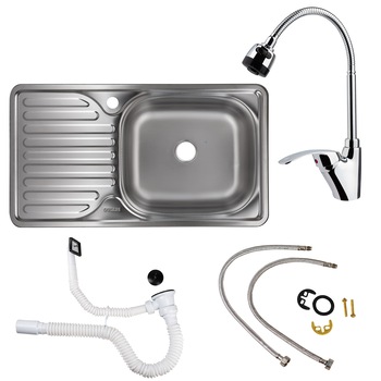 Pachet chiuveta bucatarie + baterie Freddo SET7002D, cuva dreapta, inox, 760x420 mm, adancime cuva 160mm, Sifon Q32 preaplin