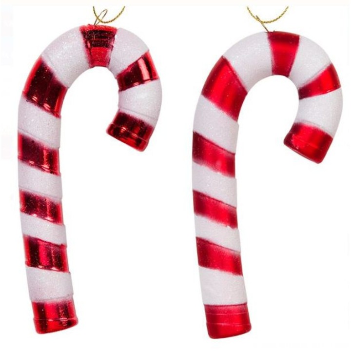 Set globuri Craciun, forma Christmas Candy Cane 13 cm alb/rosu, 4 buc