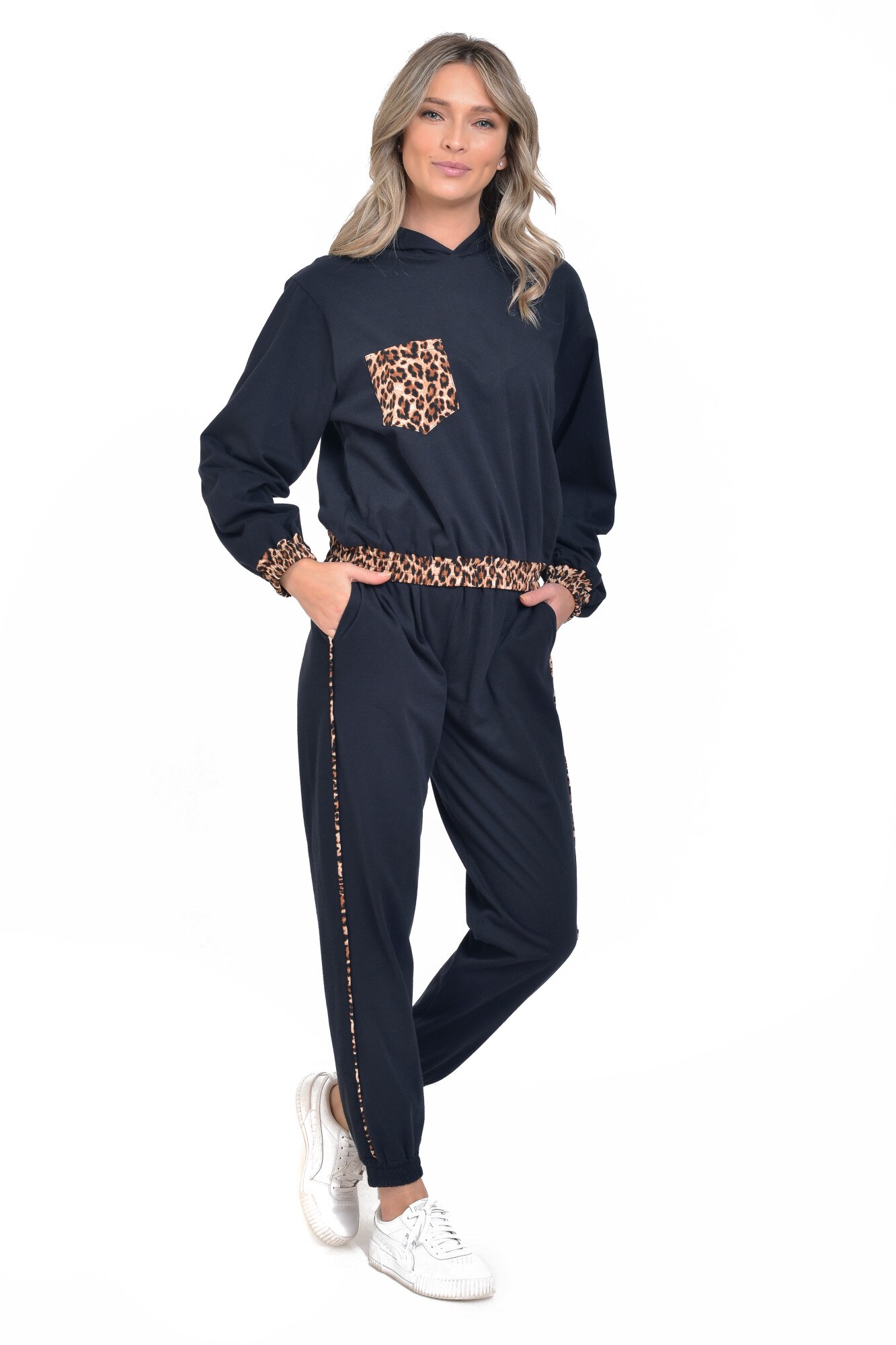 Trening bumbac cu animal print, negru/bej, Dress To Impress, marimea 40-42