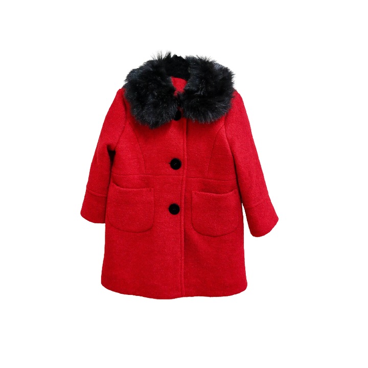 Palton fete, stofa, rosu/negru, 2-3 ani, 92-98 cm
