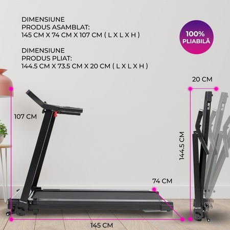 Banda de alergare TECHFIT SLIM, Motor 3 CP, Pliabila 100%, Bluetooth, Sistem de lubrifiere, Greutate utilizator 110 Kg, Suport tableta/smartphone, Filtru EMC