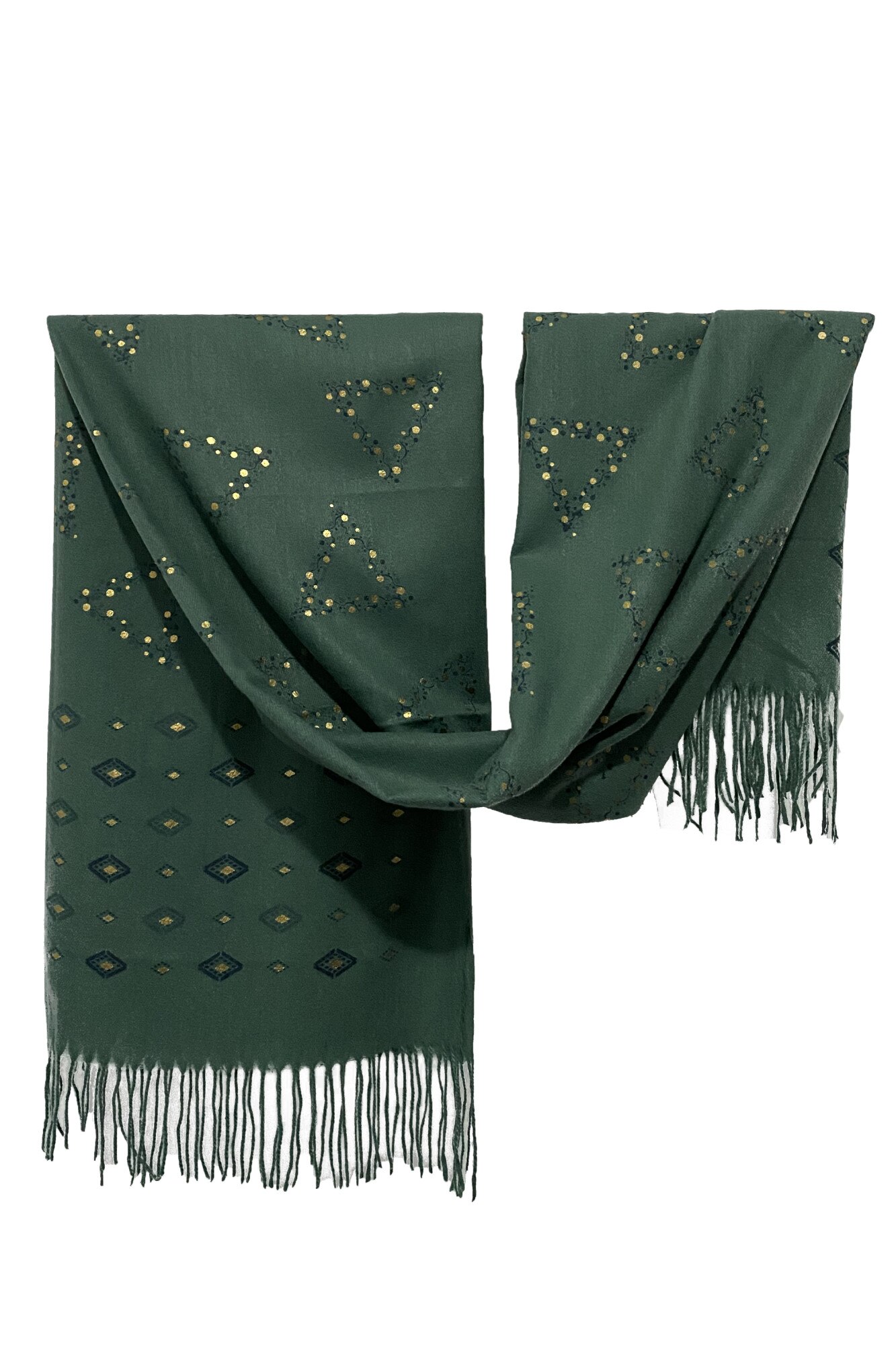 Esarfa dama din 100& casmir, cu imprimeu geometric, 180X70cm, verde