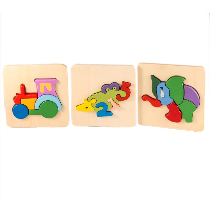 Set 3 ​Puzzle din lemn, animalute, 19 piese, 7toys