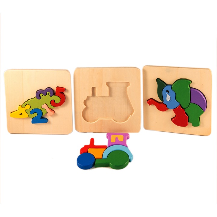 Set 3 ​Puzzle din lemn, animalute, 19 piese, 7toys