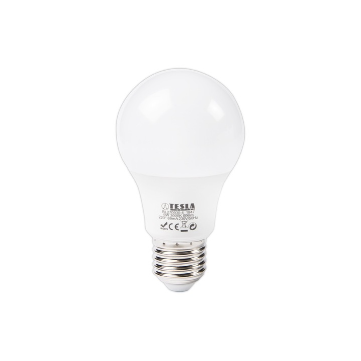 LED крушка, TESLA Lighting, 9W, E27, 230V, 806 lm, 25000h, топла светлина 3000K, 220º, еквивалент на класическа крушка 60W