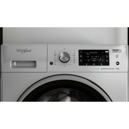 Masina de spalat rufe Whirlpool FreshCare+ FFD9458SBSVEU, 9kg, 1400 RPM, Clasa B, Steam Refresh, Steam Hygiene, Tehnologia al-6lea Simt, Motor Inverter, Display LCD, Argintiu