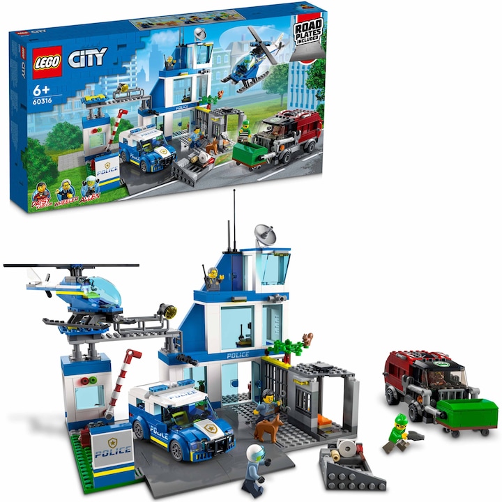 LEGO City Police 60316 Rendőrkapitányság furgonnal, játék kukásautóval és játékhelikopterrel