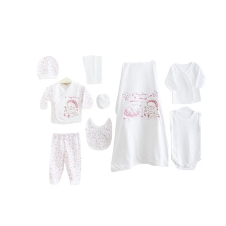 Compleu 10 piese, Bubu-Still,1-3 luni, animalute, Alb/Roz