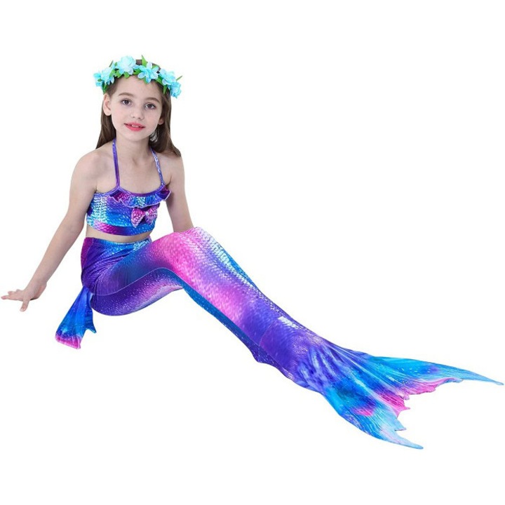 Set 4 piese Costum de baie Model Sirena, include si Inotatoarea pentru fixarea cozii, Roz/Albastru