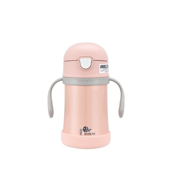 Gyermek termosz fogantyúval és szalmával, hal, 280 ml, rózsaszín