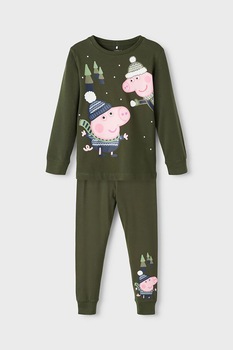 NAME IT - Peppa malac mintás organikuspamut tartalmú pizsama, Katonai zöld/Rózsaszín/Kék