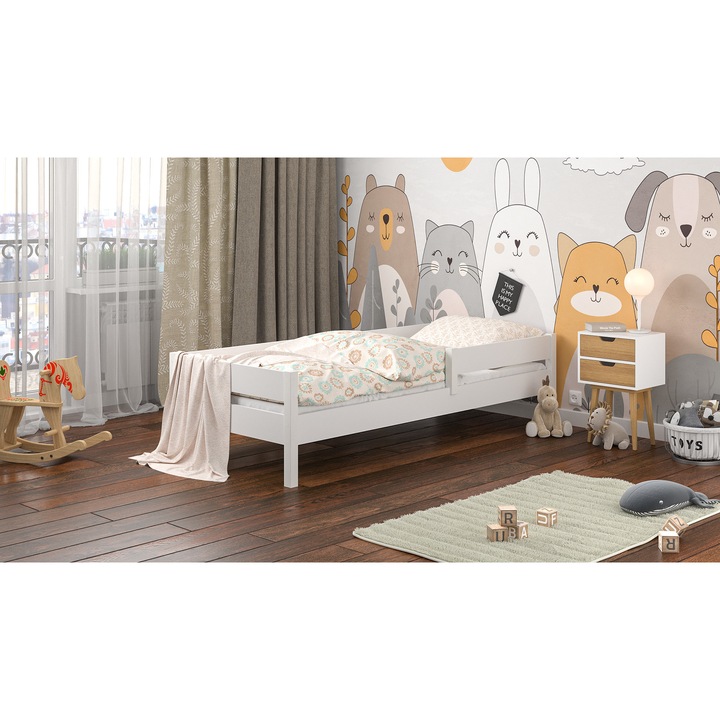 Pat copii Miki, WNM Group, Lemn, 180x90 cm, Alb, fara sertare