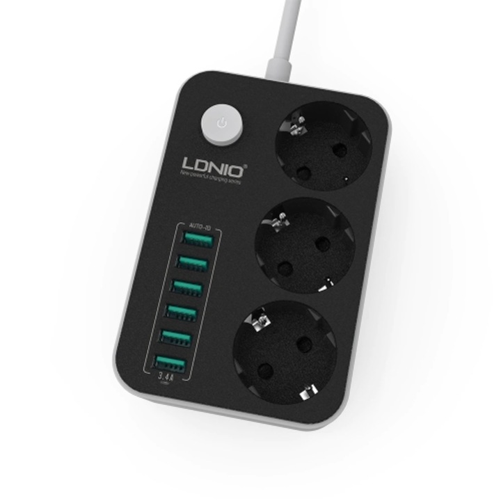 Elosztó Ldnio SE3631, 3 aljzat, 6 USB port, Kulccsal, 1,6 m, 2500 W