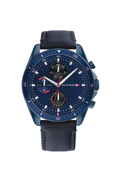 Tommy Hilfiger, Кварцов часовник с кожена каишка, Черен / Тъмносин