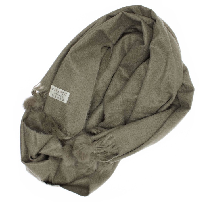 Esarfa de dama, 100% lana casmir, Kaki, cu ciucuri din blanita, 190 x 70 cm - ES818