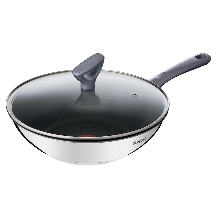 Tigaie wok cu capac Tefal Daily Cook, 28 cm, invelis antiaderent din titan, indicator Thermo-Signal, argintiu/negru