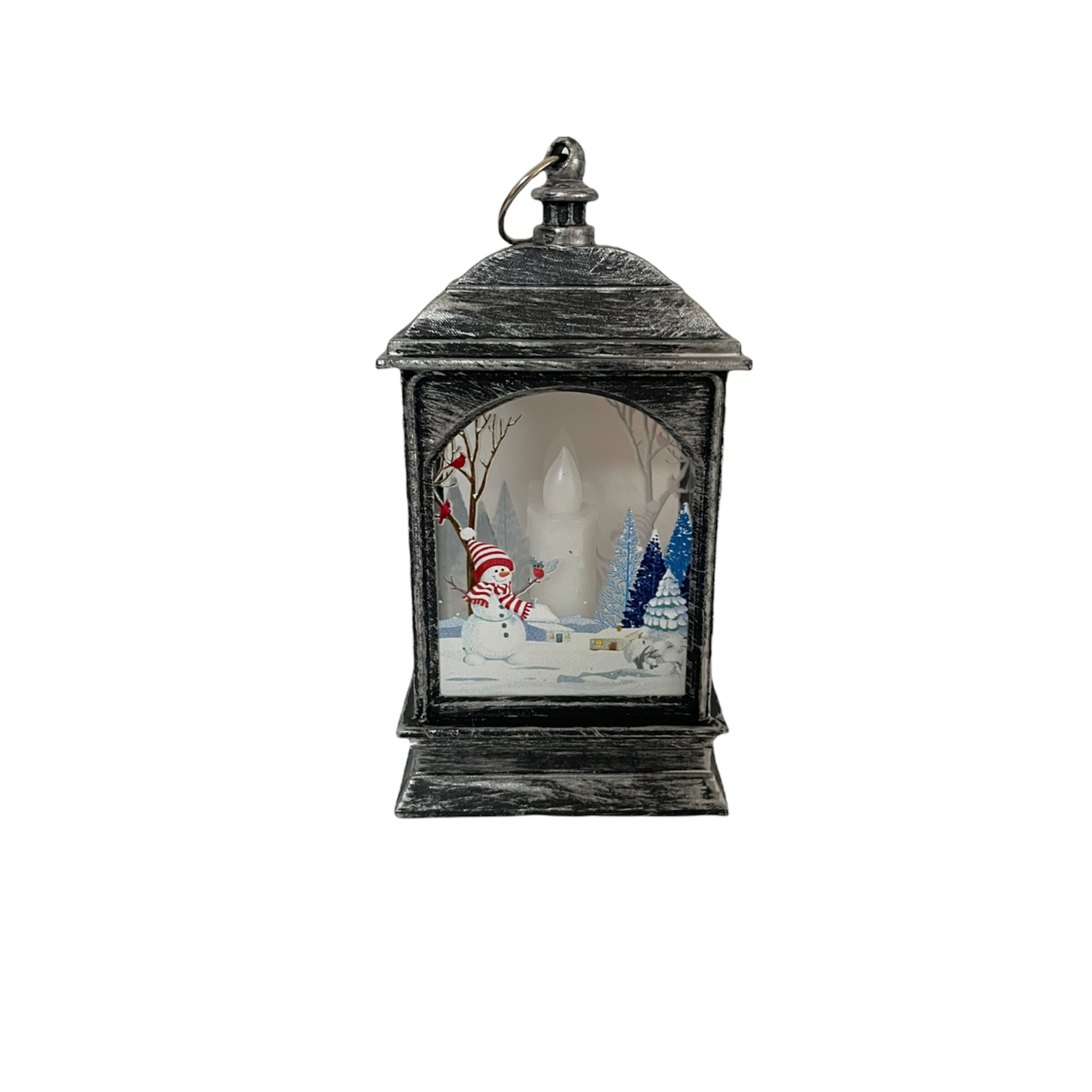 Felinar cu motive de Craciun 12 cm cu lumina LED calda, sclipitoare, gri