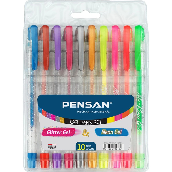 Комплект от 10 гел химикалки Pensan My King Neon&Glitter, различни цветни химикалки с неонови и блестящи мастила, връх 0,8 mm