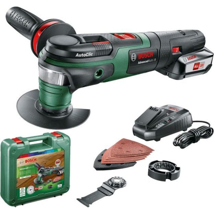 Scula multifunctionala oscilanta cu acumulator 18V Bosch Advanced Multi 18, livrata cu accesorii, 1 x acumulator 18V PBA 2.5 Ah si valiza transport