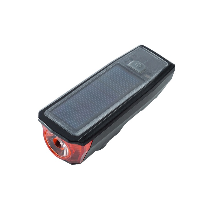 Фар за велосипед / скутер, с клаксон, USB/соларно зареждане, 4 режима на светене, функция за зареждане на телефон, черен