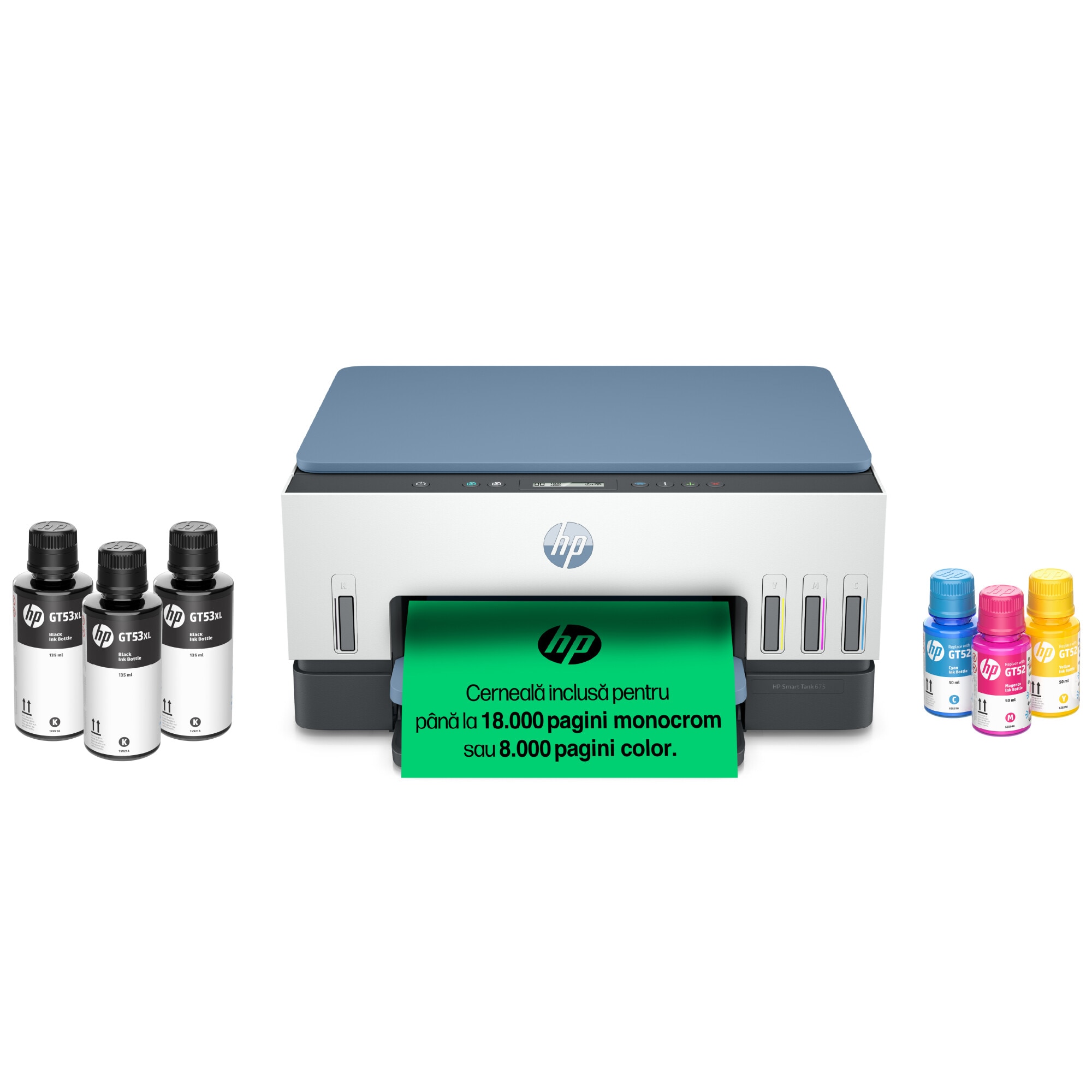 Multifunctional inkjet color CISS HP Smart Tank 675, Inkjet, color, Wireless, Duplex, A4, 18.000 de pagini alb-negru sau 8.000 de pagini color, Dark Surf Blue