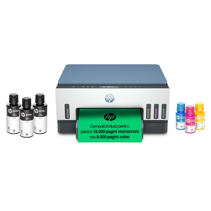 Multifunctional inkjet color CISS HP Smart Tank 725, Inkjet, color, Wireless, Duplex, A4,18.000 pagini alb-negru sau 8.000 pagini color, Dark Surf Blue