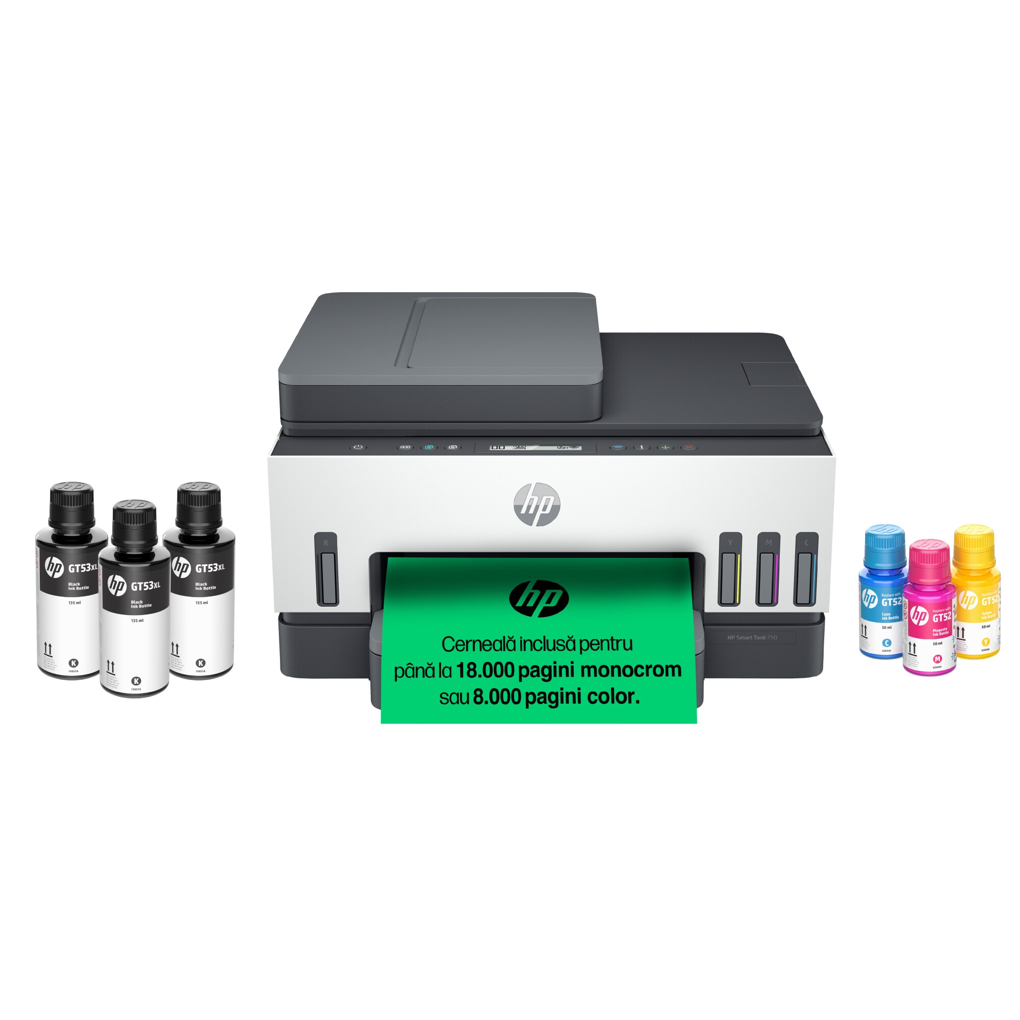 Multifunctional inkjet color CISS HP Smart Tank 750, All-in-One Printer, imprimare, copiere, scanare, A4, 15 ppm mono, 9 ppm color, Retea, Wireless, ADF, Duplex, 18.000 pagini alb-