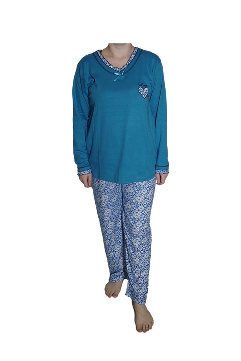 Pijamale dama Baray, Heart interloc gros, pantaloni si maneci lungi, bumbac, Albastru