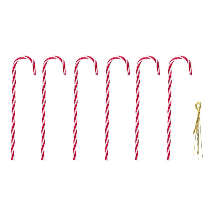 Set 6 globuri de craciun pentru brad, Xmas, in forma de bastonas, alb cu rosu, 18 cm