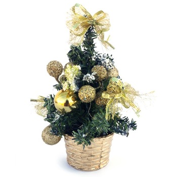 Brad din plastic cu globuri si ornamente de Craciun, cu ghiveci,10x20cm, auriu Brad din plastic cu globuri si ornamente de Craciun, cu ghiveci,10x20cm, auriu