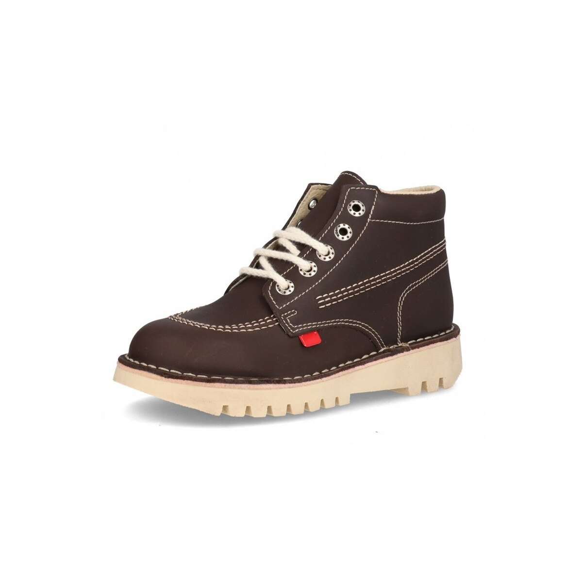 Ghete din piele cu talpa cusuta si inchidere cu sireturi, Maro