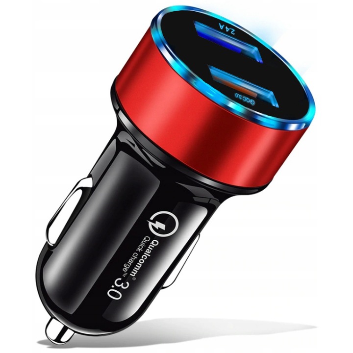 Autótöltő, CO2, gyorstöltés, 1x USB QC 3.0 + 1x USB 2.4A, LED kijelző, piros