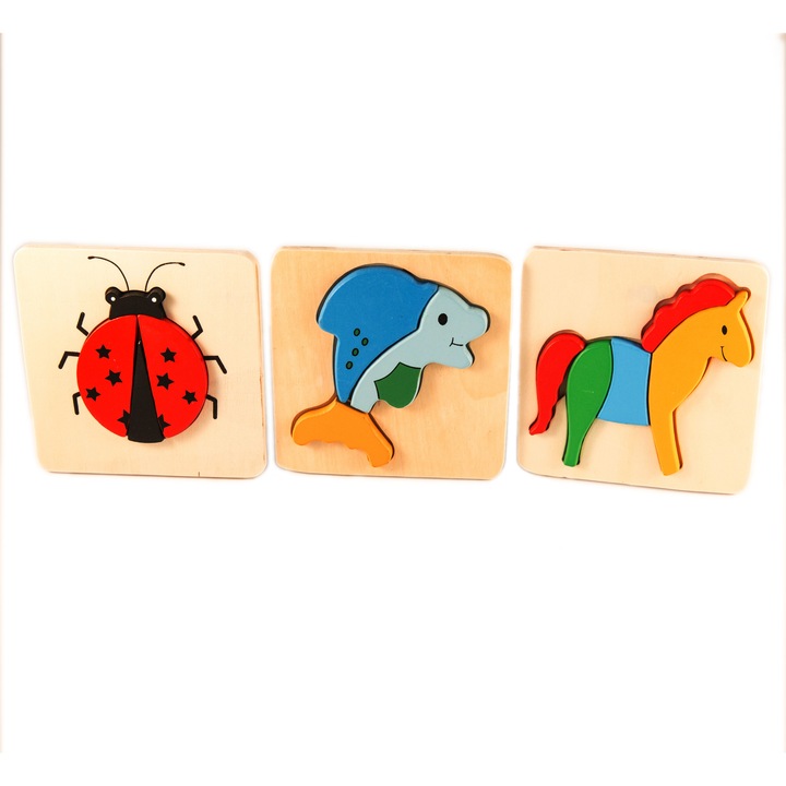 Комплект пъзели 7toys, Животни, Дърво, 12 части, 3 броя