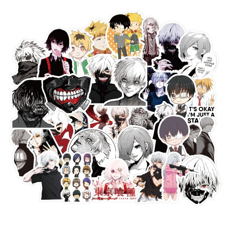 Set 50 stickere autocolante Tokyo Ghoul, PVC, impermeabile, 5-8 cm, Multicolor