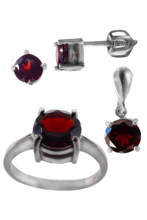 Set bijuterii de dama rotund, Cercei, pandantiv si inel, Granat, Argint