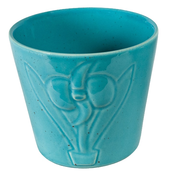 Ghiveci din ceramica cu design in relief cu aspect de floare, turcoaz cu pigment, 10 cm