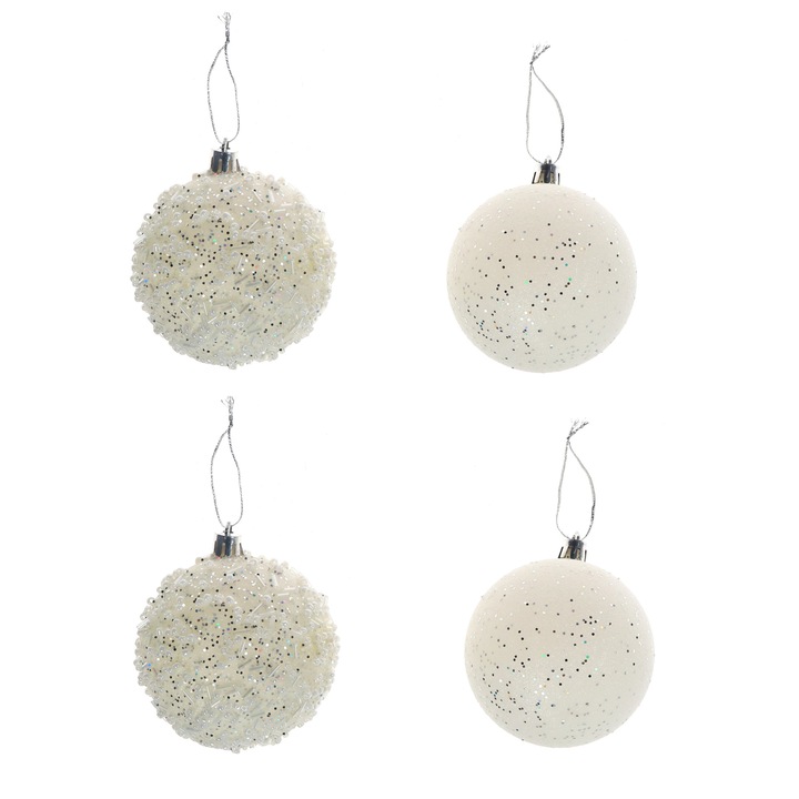 Set 4 globuri Craciun, albe, diametru 8 cm, SD20B-8-086